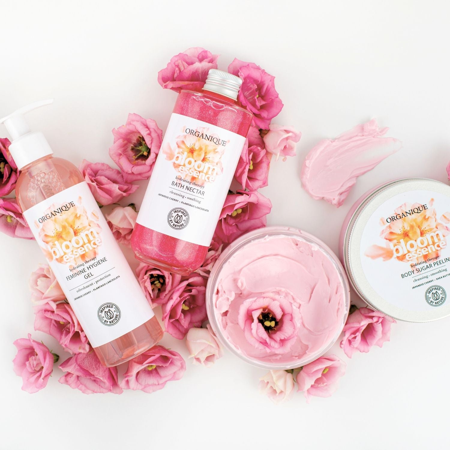 ORGANIQUE Bloom Essence Set DELUXE| Bath Nectar + Body Butter Moisturiser + Body Peeling + Intimate Hygiene Gel