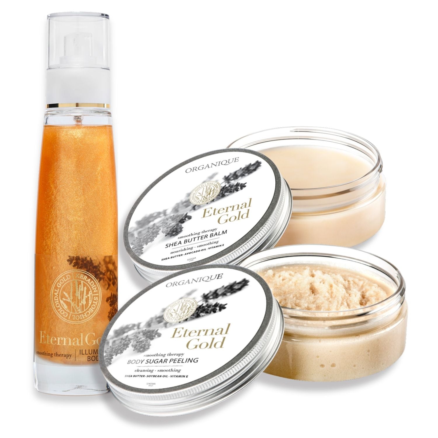 ORGANIQUE Eternal Gold Set RENEWAL&amp;GLOW| Body Balm Moisturiser + Body Peeling + Dry Body Oil